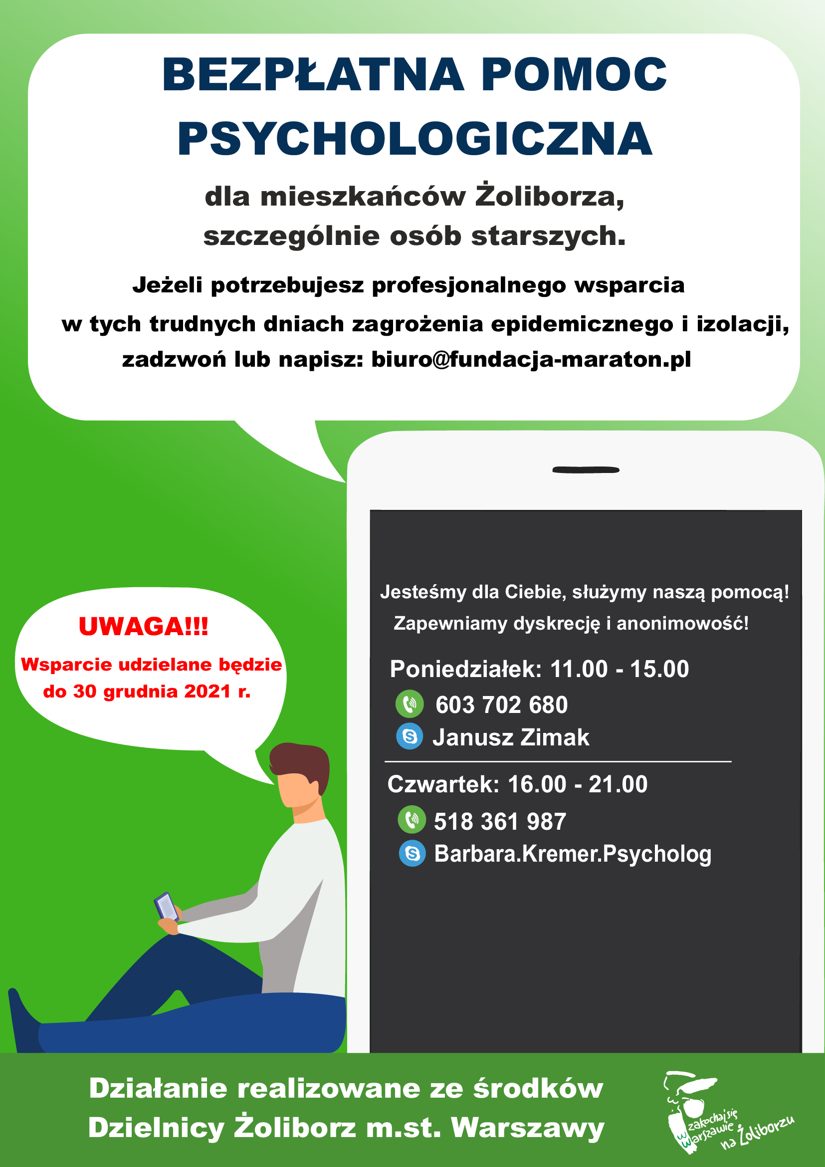 plakat promujacy wsparcie psychologiczne dla mieszkancow na terenie dzielnicy zoliborz