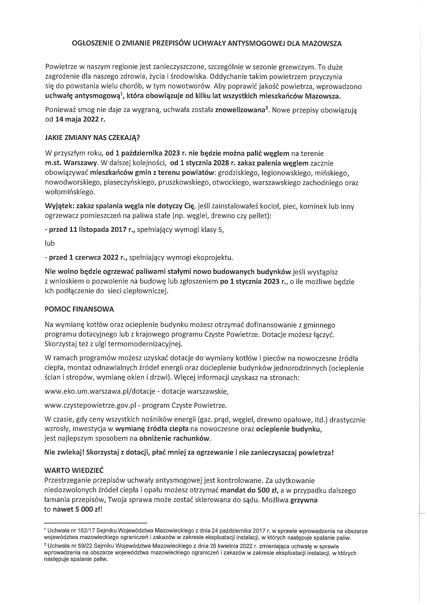 ogloszenie o zmianie przepisow uchwaly antysmogowej dla Mazowsza