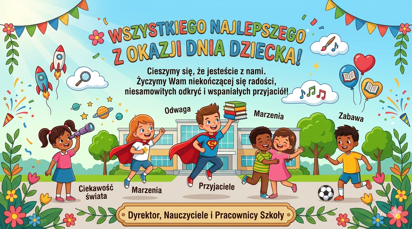 Wszystkiego najlepszego z okazji Dnia Dziecka! Kolorowa grafika z życzeniami z okazji Dnia Dziecka. Na tle szkoły widoczne są uśmiechnięte dzieci podczas zabawy i odkrywania świata. Wokół znajdują się dekoracyjne elementy, takie jak balony, rakiety, planety, książki, nuty, piłka, kwiaty, girlandy i konfetti. Główna treść grafiki brzmi: „Wszystkiego najlepszego z okazji Dnia Dziecka! Cieszymy się, że jesteście z nami. Życzymy Wam niekończącej się radości, niesamowitych odkryć i wspaniałych przyjaciół!”. Grafika jest podpisana: „Dyrektor, Nauczyciele i Pracownicy Szkoły”.