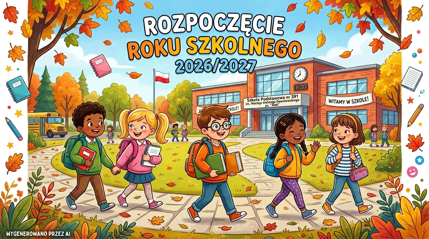 Kolorowa, rysunkowa grafika w jesiennej scenerii promująca rozpoczęcie roku szkolnego. Na pierwszym planie widać grupę pięciorga uśmiechniętych, różnorodnych dzieci w wieku wczesnoszkolnym z plecakami i książkami, idących chodnikiem w stronę szkoły. W tle znajduje się nowoczesny budynek z czerwonej cegły z zegarem wskazującym godzinę 8:00 oraz maszt z powiewającą flagą Polski. Nad wejściem głównym umieszczono tablicę z nazwą: „Szkoła Podstawowa nr 391 im. Macieja Aleksego Dawidowskiego ps. »Alek«”, a obok wejścia transparent z hasłem „Witamy w szkole!”. Po lewej stronie widoczny jest żółty autobus szkolny. Całość otacza ramka z kolorowych, jesiennych liści, kredek i zeszytów. U góry umieszczono duży, czytelny napis: „ROZPOCZĘCIE ROKU SZKOLNEGO 2026/2027”, natomiast w lewym dolnym rogu znajduje się oznaczenie: „WYGENEROWANO PRZEZ AI”.
