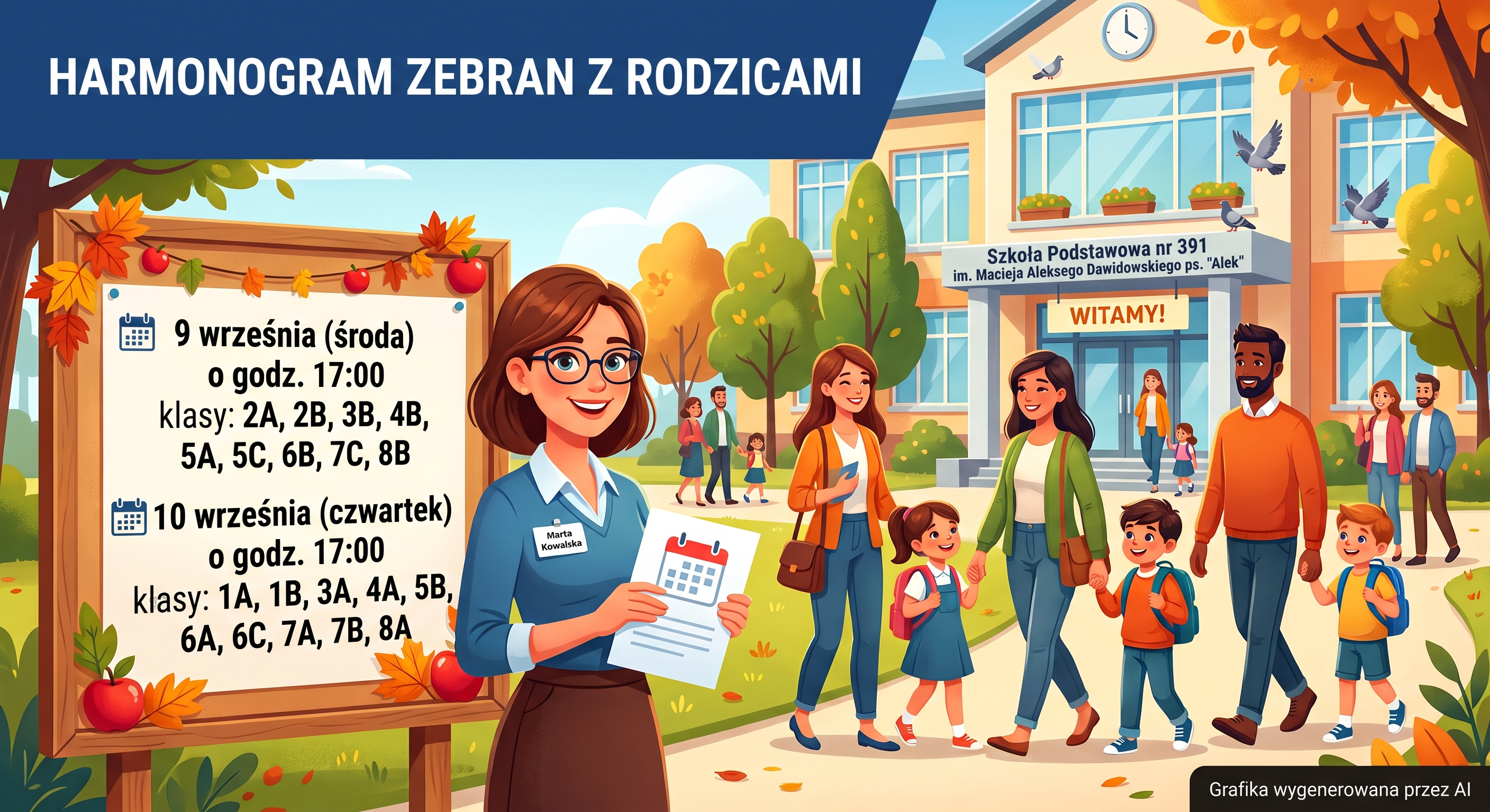 Kolorowa grafika w&nbsp;stylu ilustracyjnym przedstawiająca plac przed budynkiem Szkoły Podstawowej nr 391 im. Macieja Aleksego Dawidowskiego ps. "Alek". W&nbsp;tle widać rodziców idących z&nbsp;dziećmi do&nbsp;szkoły.  Na&nbsp;pierwszym planie po prawej stronie stoi uśmiechnięta nauczycielka w&nbsp;okularach trzymająca kartkę z&nbsp;ikoną kalendarza.  W&nbsp;lewej części grafiki znajduje się duża tablica ogłoszeniowa otoczona jesiennymi liśćmi, na&nbsp;której umieszczono treść harmonogramu:  9 września (środa) o&nbsp;godz. 17:00 – klasy: 2A, 2B, 3B, 4B, 5A, 5C, 6B, 7C, 8B  10 września (czwartek) o&nbsp;godz. 17:00 – klasy: 1A, 1B, 3A, 4A, 5B, 6A, 6C, 7A, 7B, 8A  U&nbsp;góry grafiki widnieje nagłówek: HARMONOGRAM ZEBRAN Z&nbsp;RODZICAMI. W&nbsp;prawym dolnym rogu znajduje się czarny pasek z&nbsp;napisem informacyjnym: Grafika wygenerowana przez AI.